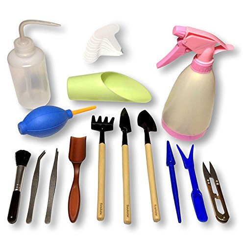 fiveAstar 多肉植物 寄せ植え ミニ 園芸 ツール セット ガーデニング 用品 インテリア 土 苗 肥料 鉢 室内 テラリウム ハオルチア サボテン 観葉植物 シャベル スコップ T型 フラワーラベル 10枚 付き A303 (15種類)